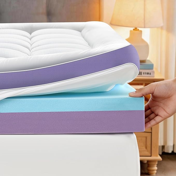 5 Inch Dual Layer Memory Foam California King Mattress Topper - 2'' Thick Pillow Top Mattress Pad for Back Pain and 2'' Support Foam & 1'' Cooling Gel Memory Foam, Medium Support Bed Topper