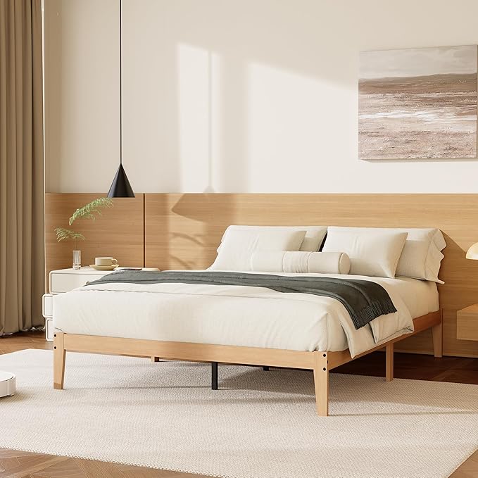 Tyndall Queen Size Bed Frame, Natural Solid Wood Platform Bed with Wooden Slats Support, 12 Inch Wood Bed Frame Queen, No Box Spring Needed, Noise Free Design, Easy Assembly