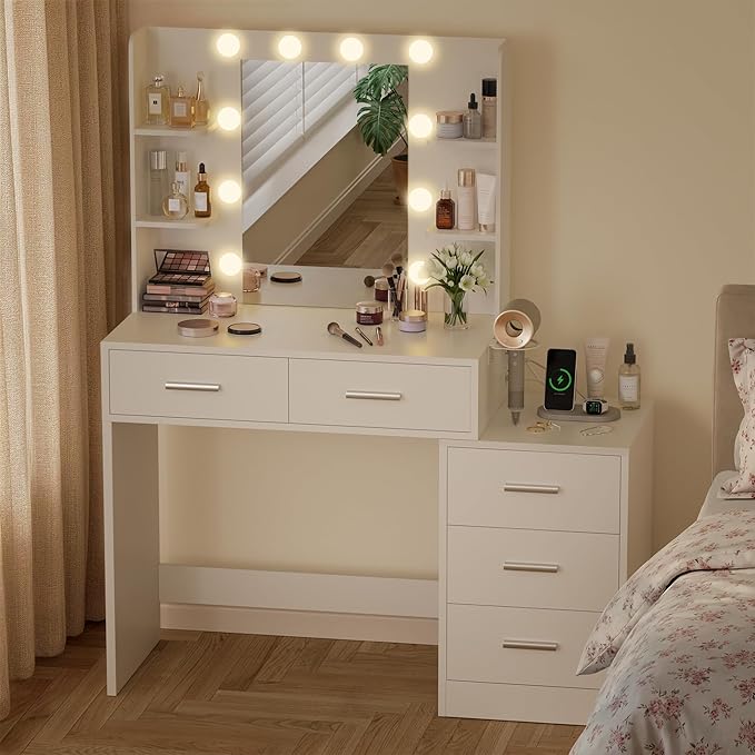 Furmax Makeup Vanity Desk with Mirror and Power Outlet, Vanity with 3 Color Light Options Adjustable Brightness, Vanity Table with 5 Drawers, 6 Storage Shelves, Nightstands (White)