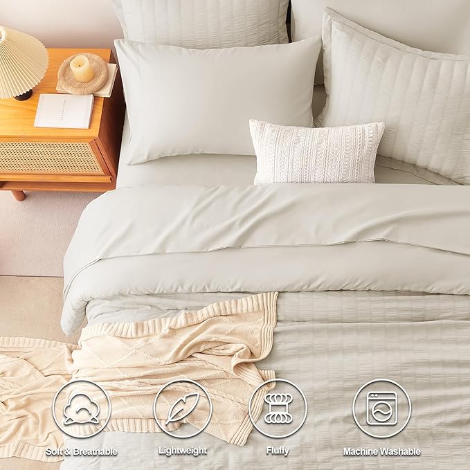 CozyLux King Size Comforter Set Oatmeal Seersucker 7 Pieces Bed in a Bag King Comforter Set with Sheets, Luxury Bedding Sets with Down Alternative Comforter, Sheets, Pillowcases & Shams All Seasons