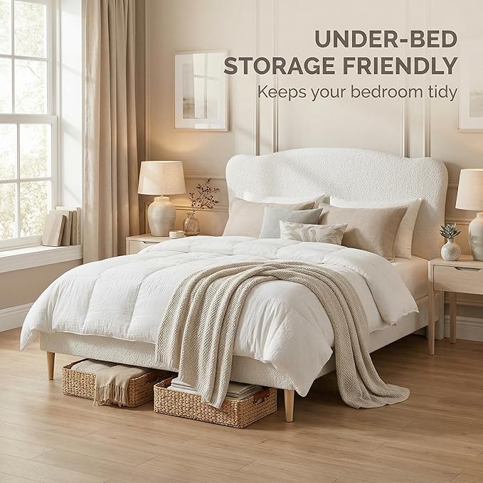 GarveeHome Queen Size Bed Frame with Upholstered Headboard, Soft Low Profile Sturdy Platform Bed with Rounded Corners Design, Heavy Duty, Wooden Slats, Noise Free, No Box Spring Needed, White