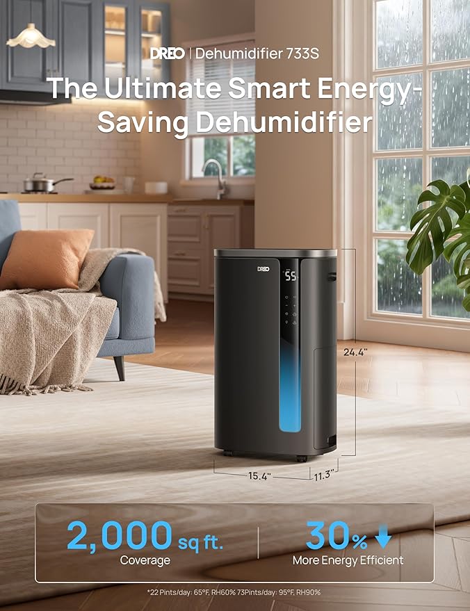 DREO 73 Pint Smart Dehumidifier for Basement, Home & Large Room up to 2000 Sq Ft, Energy Star 6.0 Dehumidifier with Drain Hose, Quiet 42dB, Auto Humidity Control, 3 Fan Speeds, Timer, Continuous Drain