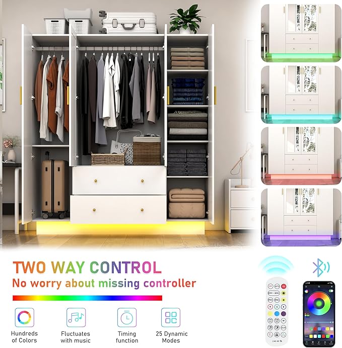 jiteentarou 4 Door Wardrobe Closet with Mirrors and LED Lights, Bedroom Armoire with Drawers and Shelves, Modern Wooden Armoire Wardrobe Closet with Hanging Rod for Bedroom, White