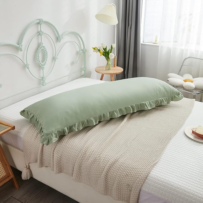 Sage Green Body Pillow Cover 20x54inches Long Pillowcase Ruffled Pillowcases Shabby Chic Ruffled Fringe Decor Body Ruffled Pillow Sham Cute Pillowcase (1 Body, Sea Green)