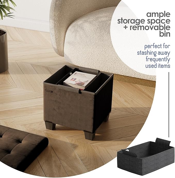 Storage Ottoman Cube with Small Bin, 15-in Square Ottoman with Storage for Living Room and Bedroom, Small Ottomans Foot Rest, Velvet Foot Stools Ottomans Max 330lbs, Brown