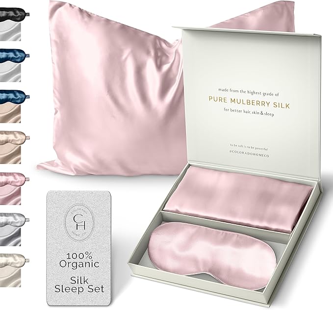 Colorado Home Co Silk Pillowcase for Hair and Skin - Pink Quartz Queen Size 100% Silk Pillow Covers - 20x30 - Pillow Case for Acne with Eye Mask for Sleeping