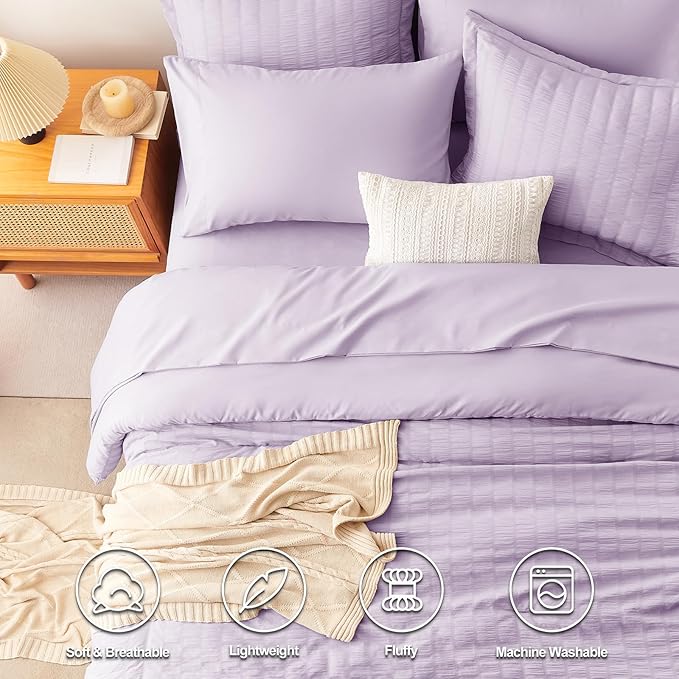 CozyLux Queen Comforter Set Light Purple Seersucker 7 Pieces Bed in a Bag Queen Comforter Set with Sheets, Lavender Luxury Bedding Sets with Down Alternative Comforter, Sheets, Pillowcases & Shams
