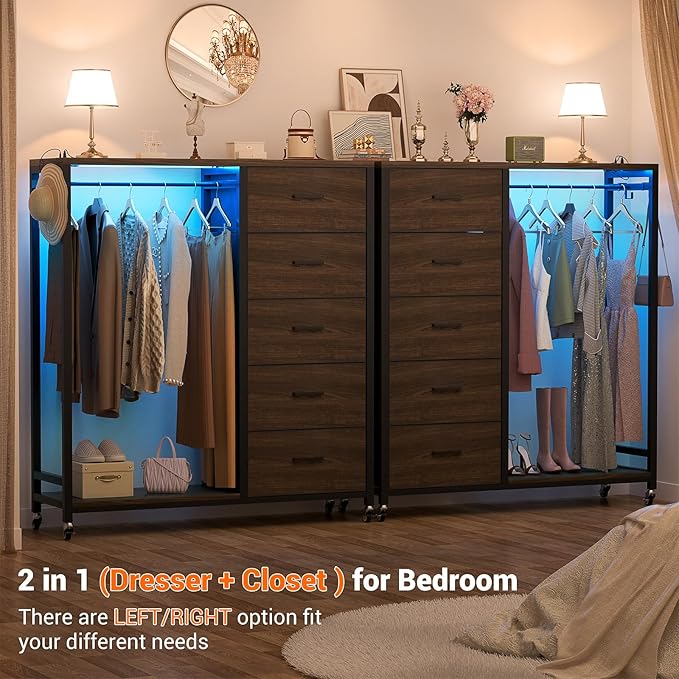 Cyclysio Dresser with Hanging Rack, 5 Fabric Drawers Dresser with Clothes Rack, Wooden Top Storage Chest of Drawers with Charging Station & LED Lights, Lockable Wheels, Closet