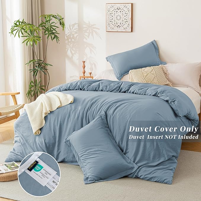 MILDLY Super Soft Duvet Cover - 100% Washed Microfiber Haze Blue Comforter Cover Set 3 Pieces with Zipper Closure & Corner Ties (No Comforter)