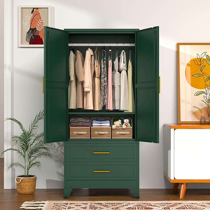 GAIOUS 71" Metal Wardrobe Cabinet with 2 Doors, 1 Adjustable Shelf and 2 Drawers, Metal Clothing Storage Cabinets with Hanging Rod, Armoire Wardrobe Closet for Bedroom, Cloak Room, Gym (Green)