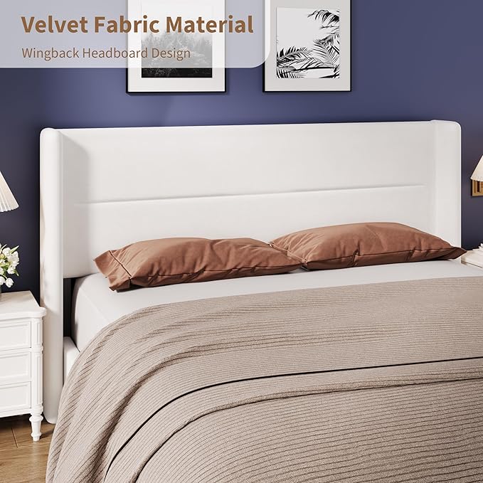 Garvee King Size Bed Frame with Wingback Headboard, Velvet Upholstered Platform Bedframe with Wood Slats, No Box Spring Needed, Easy Assembly, White