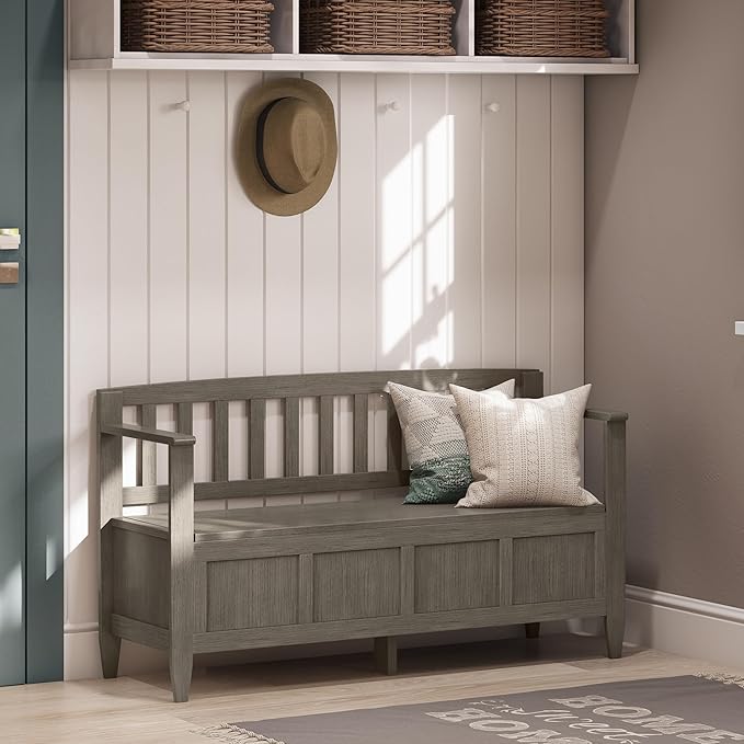 SIMPLIHOME Brooklyn Entryway Storage Bench - 48 inch Wide Solid Wood Hallway Bench in Farmhouse Grey, Contemporary Mudroom Bench for Entry or Foyer with Lift-Up Lid and Spacious Hidden Storage