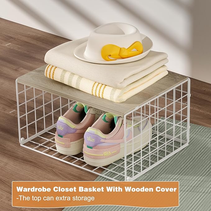 Extra-Long, Low-Profile Closet Organizers and Storage with Wood Top, 3 Pack Stackable Closet Shelf Organizer, Space-Saving Clothes Storage Bin for Wardrobe & Bedroom & Small Spaces, Sturdy (White)