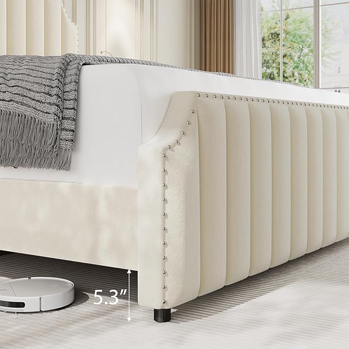 GarveeHome King Size Velvet Bed Frame, 50.2 in Tall Headboard & Footboard, Upholstered Platform King Bed Frame with Nailhead Trim, No Box Spring Needed, Noise Free, Solid Wooden Slats, Beige
