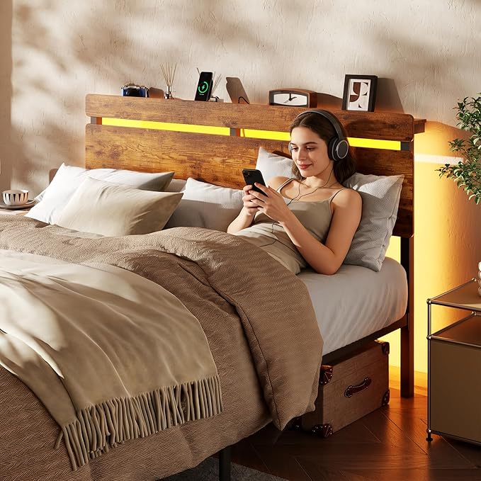 Forestell Queen Bed Frame with Wood Headboard, Metal Platform Bed with 2 Storage Drawers & Shelf, Built-in Charging Station & LED Lights, No Box Spring Needed, Vintage Brown, Cama Queen Size