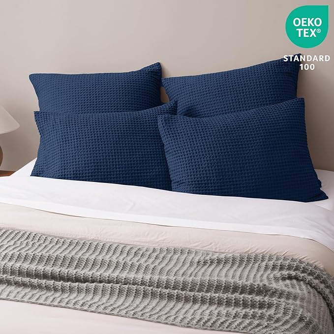 PHF Ultra Soft Waffle Weave Pillowcases Standard Size 20" x 26" 2 Pack, No Insert, Breathable Skin-Friendly Pillow Shams, Decorative Waffle Weave Pillow Case Covers, Navy Blue/Dark Blue