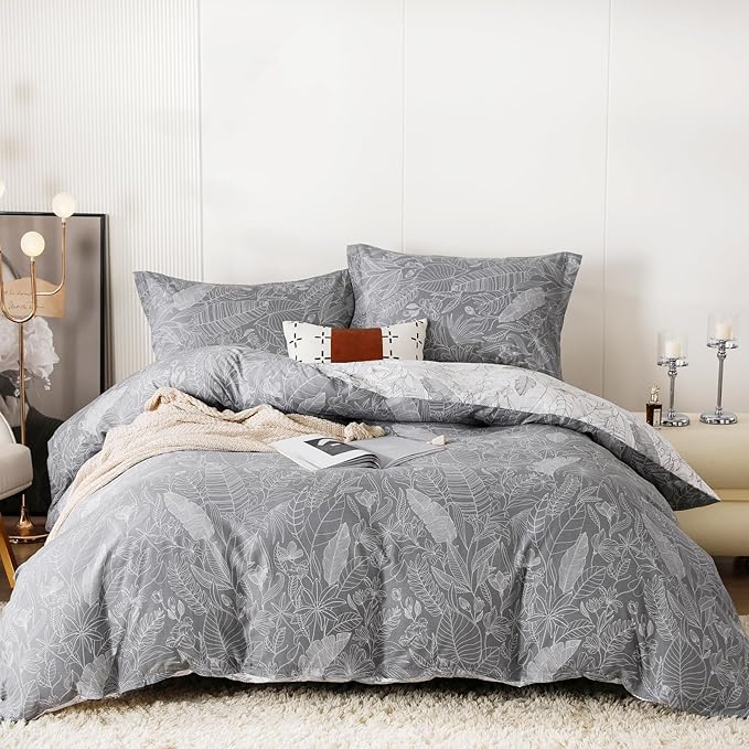 OAITE Duvet Cover Set,100% Cotton Comforter Cover with Leaf Pattern Duvet Cover Set,Soft Bedding Set Includes with 3 Piece (2 Pillow Shams,1 Duvet Cover)