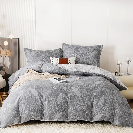 OAITE Duvet Cover Set,100% Cotton Comforter Cover with Leaf Pattern Duvet Cover Set,Soft Bedding Set Includes with 3 Piece (2 Pillow Shams,1 Duvet Cover)
