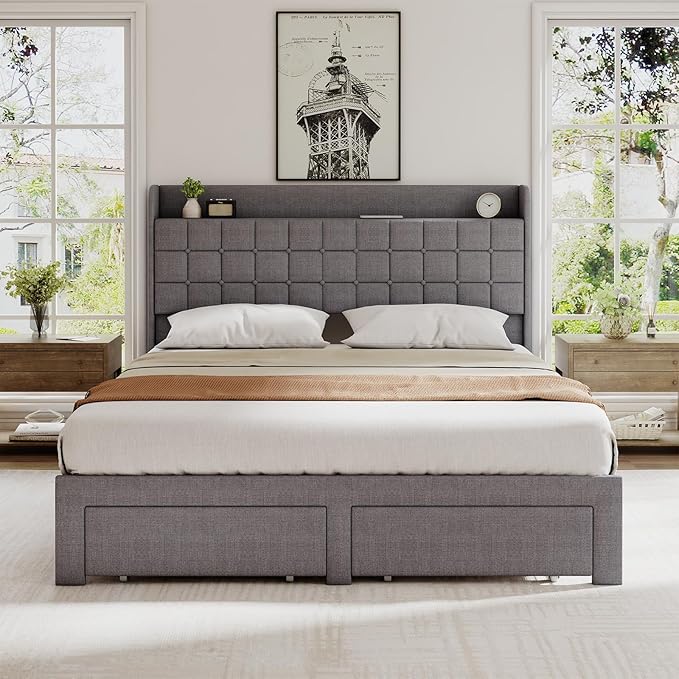 DUMOS Queen Size Upholstered Platform Bed Frame, Queen Bed with Storage Drawers and Fabric Headboard, Wooden Slats Support, 882 lbs Weight Capacity, No Box Spring Needed, Easy Assembly, Gray