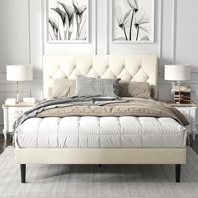 HAOARA Full Size Platform Bed Frame with Upholstered Button Tufted Headboard, Mattress Foundation with Wooden Slat Support, Noise Free, No Box Spring Needed, Easy Assembly, Beige Velvet