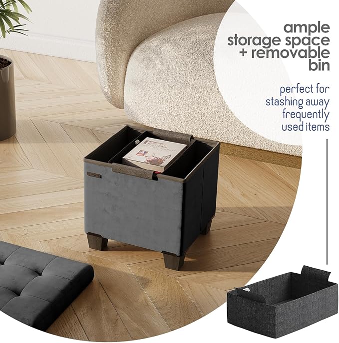 Storage Ottoman Cube with Small Bin, 15-in Square Ottoman with Storage for Living Room and Bedroom, Small Ottomans Foot Rest, Velvet Foot Stools Ottomans Max 330lbs, Grey
