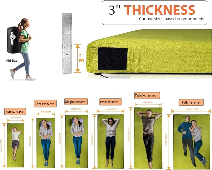 GAIALOOP 3 Inch Memory Foam Camping Mattress, Dual Layer Thick Sleeping Camp Pad for Car Tent Cot, Roll-Up Portable Glamping Floor Bed for Guests Sleepover