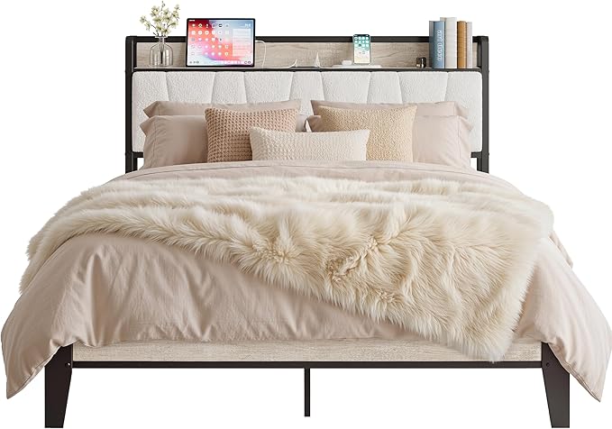 LIKIMIO Queen Bed Frames, Bouclé Storage Headboard with Charging Station, Solid and Stable, Noise Free, No Box Spring Needed, Easy Assembly