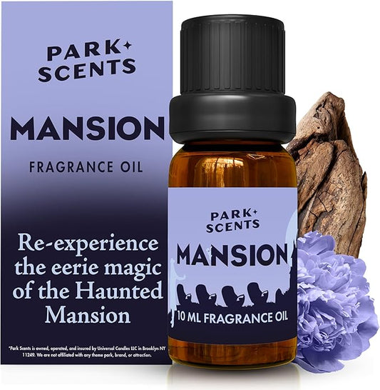 Park Scents Mansion Fragrance Oil – Theme Park Scented Essential Oils for Diffusers with Peony, Violet, Plum, Leather, Aged Wood, Amber, Musk, Vanilla – Made in USA, Home Aromatherapy Gifts (10ml)
