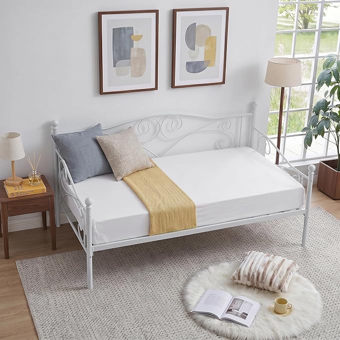 VECELO Daybed Frame, Twin Size Metal Platform Bed with Headboard,Heavy Duty Steel Slats Support for Living Room Bedroom Guest Room, Easy Assembly