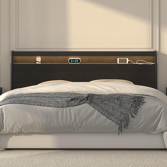 Wall Mount Wooden Headboard Only with Storage, Skirting Groove for Enhanced Stability, Built-in Power Outlet, 2 USB Ports & LED Light - Sturdy Stable Bed Backboard (Black, King (U.S. Standard))