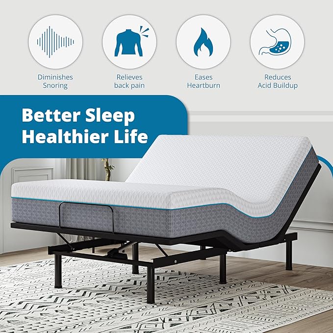 EGOHOME Adjustable Bed Frame Queen and 14 inch Charcoal Gel Memory Foam Mattress Set for Pain Relief, Metal Foldable Bed Base with Remote for Independent Head and Foot Incline, Zero Gravity Mode