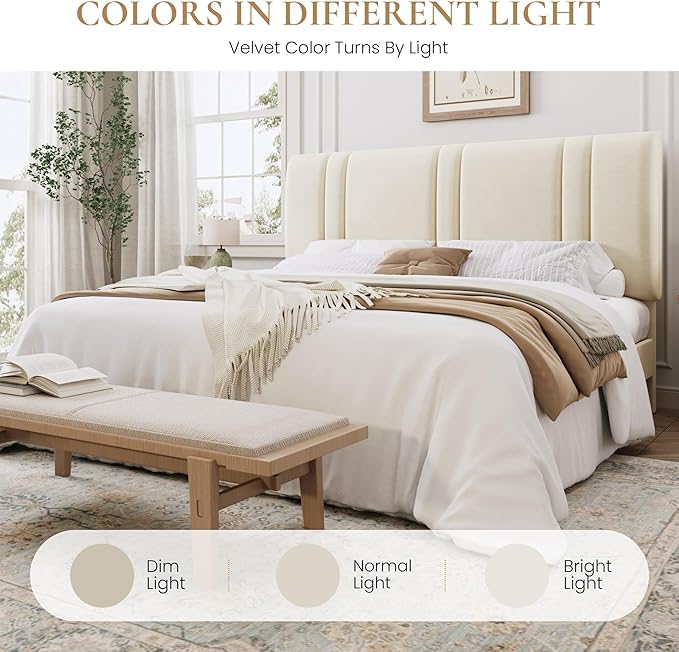 SHA CERLIN King Size Platform Bed Frame, Velvet Upholstered Bed with Adjustable Headboard, Vertical Channel Tufted Design, Sturdy Wood Slat Support, No Box Spring Needed, Easy Assembly, Cream White