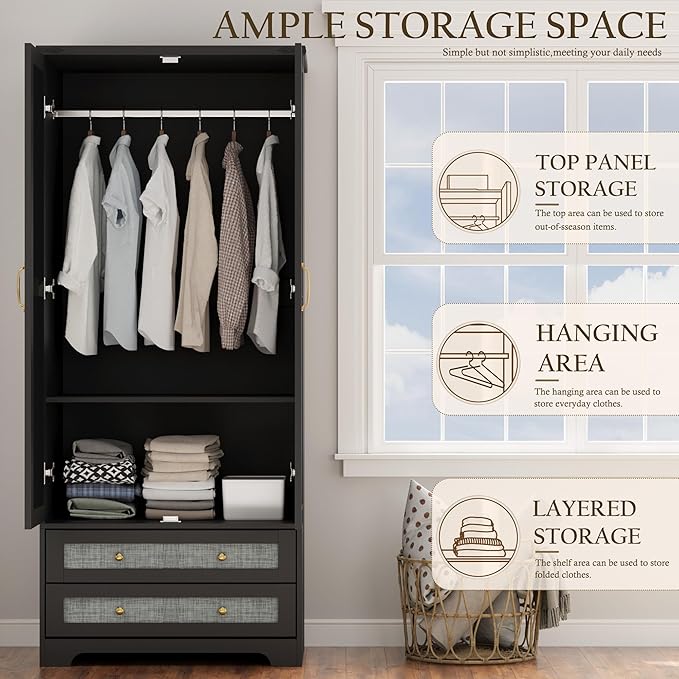 Yechen 71" Wooden Armoire Wardrobe Closet Set of 2- Modern Functional Clothes Tall Storage Cabinet with Adjustable Shelf and Hanging Rail, Sturdy Freestanding Closet Wardrobe with 2 Wide Drawers