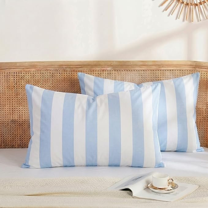 Merryword Standard Size Pillowcases, 100% Cotton Pillow Cases, Blue and White Striped Pillowcases, Soft Breathable Wide Stripe Pillow Covers, Set of 2