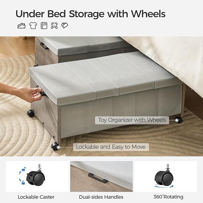 FOUCSSOMEI Under Bed Storage with Wheels, Bigger Size, Under Bed Drawers Heavy Duty, 2 Packs, Wooden Under Bed Storage Containers Organizer, Metal Frame, Patented Design