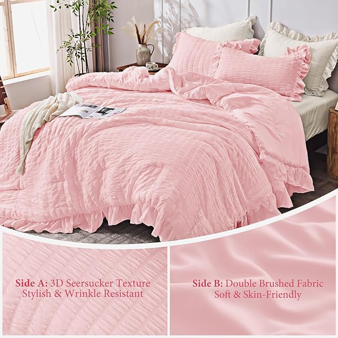 JOLLYVOGUE Pink Twin Size Comforter Set, 2 Pieces Seersucker Lightweight Fluffy Bedding Set, Twin Ruffle Comforter, All Season Soft Microfiber Shabby Chic Bed Set
