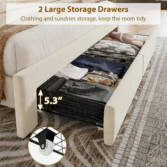 Garvee Full Size Bed Frame with 2 Storage Drawers, Vintage Velvet Headboard Bedframe with upholstered Platform, Wooden Slat Support, Noise Free, No Box Spring Needed, Beige