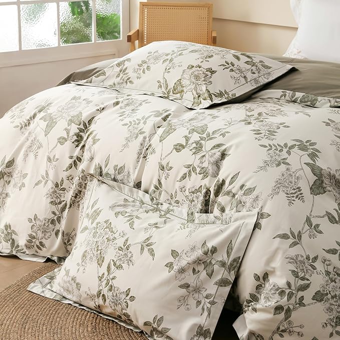 Duvet Cover Set Twin Size Floral Pattern 600 Thread Count Ultra Soft 100% Long Staple Cotton Duvet Cover Sets 3-PC, Breathable Duvet Cover with Zipper Closure & Corner Ties