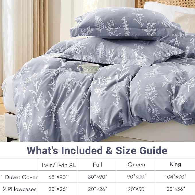 MUXHOMO Duvet Cover King Size, Reversible Floral Grey Duvet Cover Set with Zipper Closure, 3 Pieces Botanical Patterns Soft Microfiber Bedding Set (90"x104", 2 Pillow Cases 20"×36")