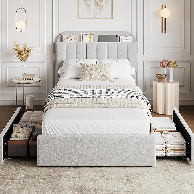 GarveeHome Twin Bed Frame with Storage Headboard, Kids Bed Frame with 2 Drawers, Boucle Upholstered Platform Bed with Bookcase, No Box Spring Needed, Easy Assembly, Light Gray