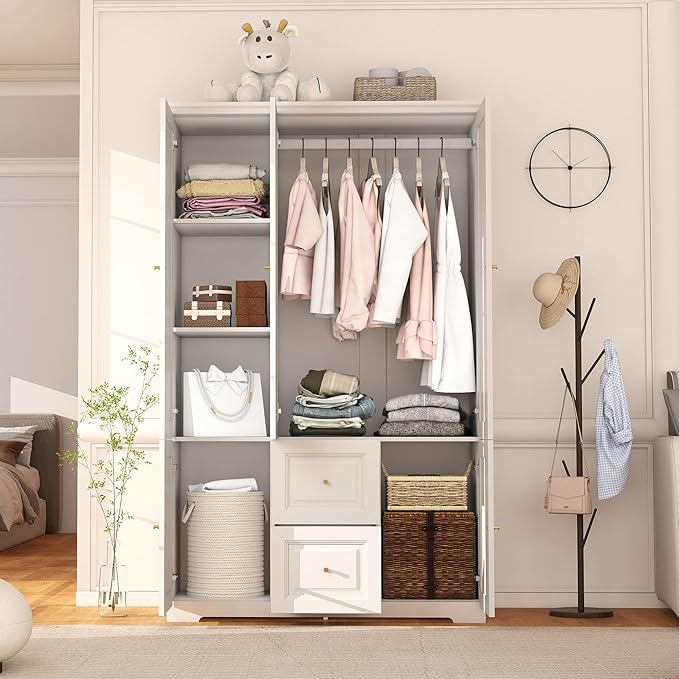 Bedroom Armoire Wardrobe Closet with Drawers: White Wardrobe Closet for Hanging Clothes, Large Wardrobes Storage Closets, Wood Closets Cabinets with Doors and Shelves (White, 47")