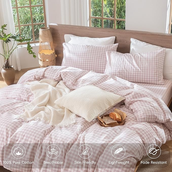 MooMee Gingham Duvet Cover Set 100% Washed Cotton Linen Like Textured Breathable Durable Soft Comfy Modern Checkered Design (Classic Gingham Greyish Pink, Queen 90"x90")