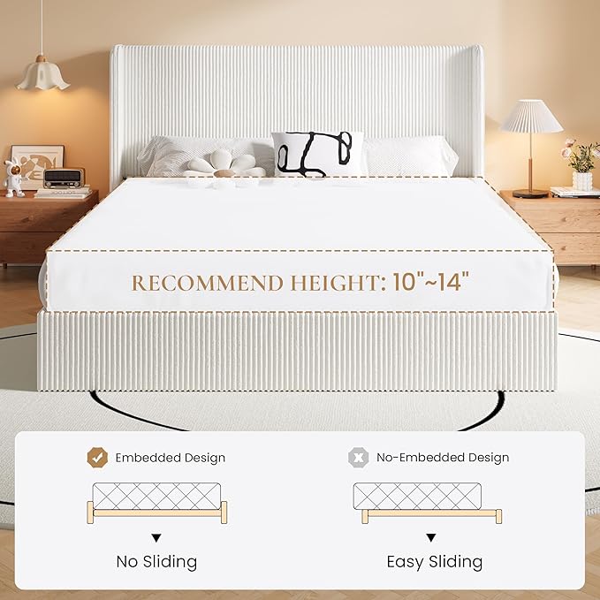 SHA CERLIN King Size Lift Up Storage Bed Frame, Modern Upholstered Wingback Headboard, Hydraulic Support & Underneath Storage, Soft Corduroy Fabric Platform Bed, No Box Spring Needed, White