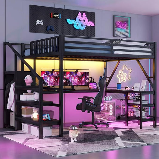 Loft Bed with Desk and Stairs, Metal Heavy Duty Loft Bed loft bed Queen with Wardrobe and LED Light, USB Port and Storage Shelves, LoftBed Frames for, Teens, Adults, No Box Spring Needed (Black, Que)
