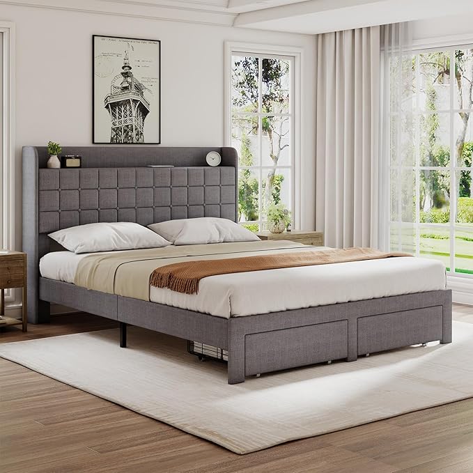 DUMOS Queen Size Upholstered Platform Bed Frame, Queen Bed with Storage Drawers and Fabric Headboard, Wooden Slats Support, 882 lbs Weight Capacity, No Box Spring Needed, Easy Assembly, Gray