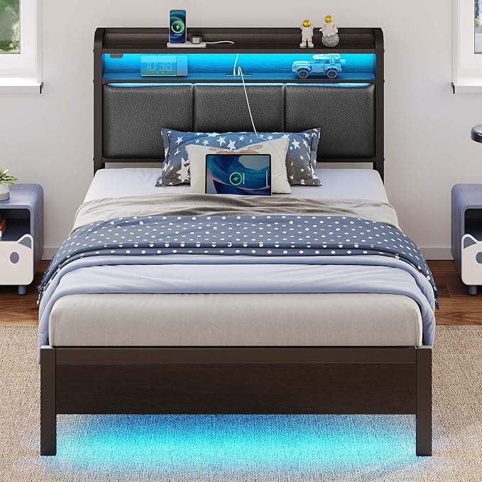 Rolanstar Bed Frame Twin Size with Charging Station and LED Lights, PU Leather Headboard with Storage Shelves, Heavy Duty Metal Slats, No Box Spring Need, Noise Free, Easy Assembly, Black