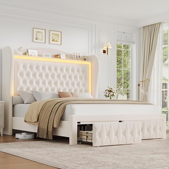 King Bed Frame 55" Tall Headboard with LED Lights, Buttons Tufted Velvet Upholstered Platform Bed Frame with 2 Storage Drawers, Wood Slats Support Mattress Foundation, No Box Spring Needed, Beige
