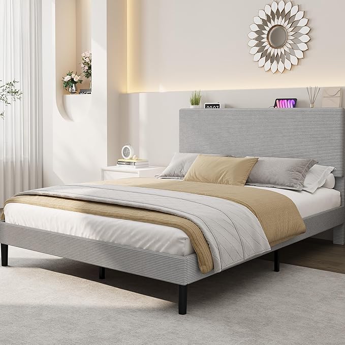 IDEALHOUSE Queen Bed Frame, Platform Bed with Adjustable Corduroy Upholstered Storage Headboard and Charging Station, Sturdy Metal Support, Noise Free, Easy Assembly, Gray