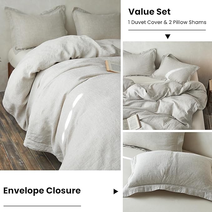 Simple&Opulence 100% Linen Duvet Cover Set with Crossed Embroidery Washed - 3 Pieces (1 Duvet Cover with 2 Pillow Shams) Soft Breathable Farmhouse - Linen, Queen Size
