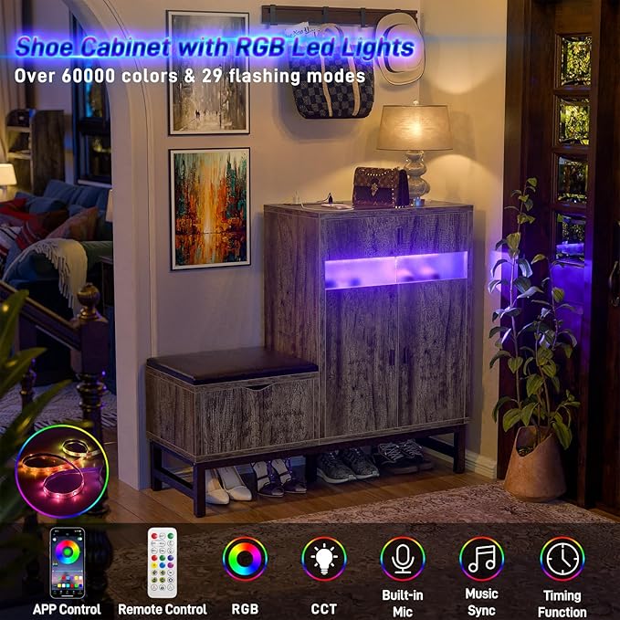 Armocity Shoe Cabinet Storage for Entryway - Freestanding Shoe Rack Bench with LED Lights & Power Outlets, Reversible Shoe Storage Cabinet Organizer with Drawer and Hidden Compartment, Grey Oak